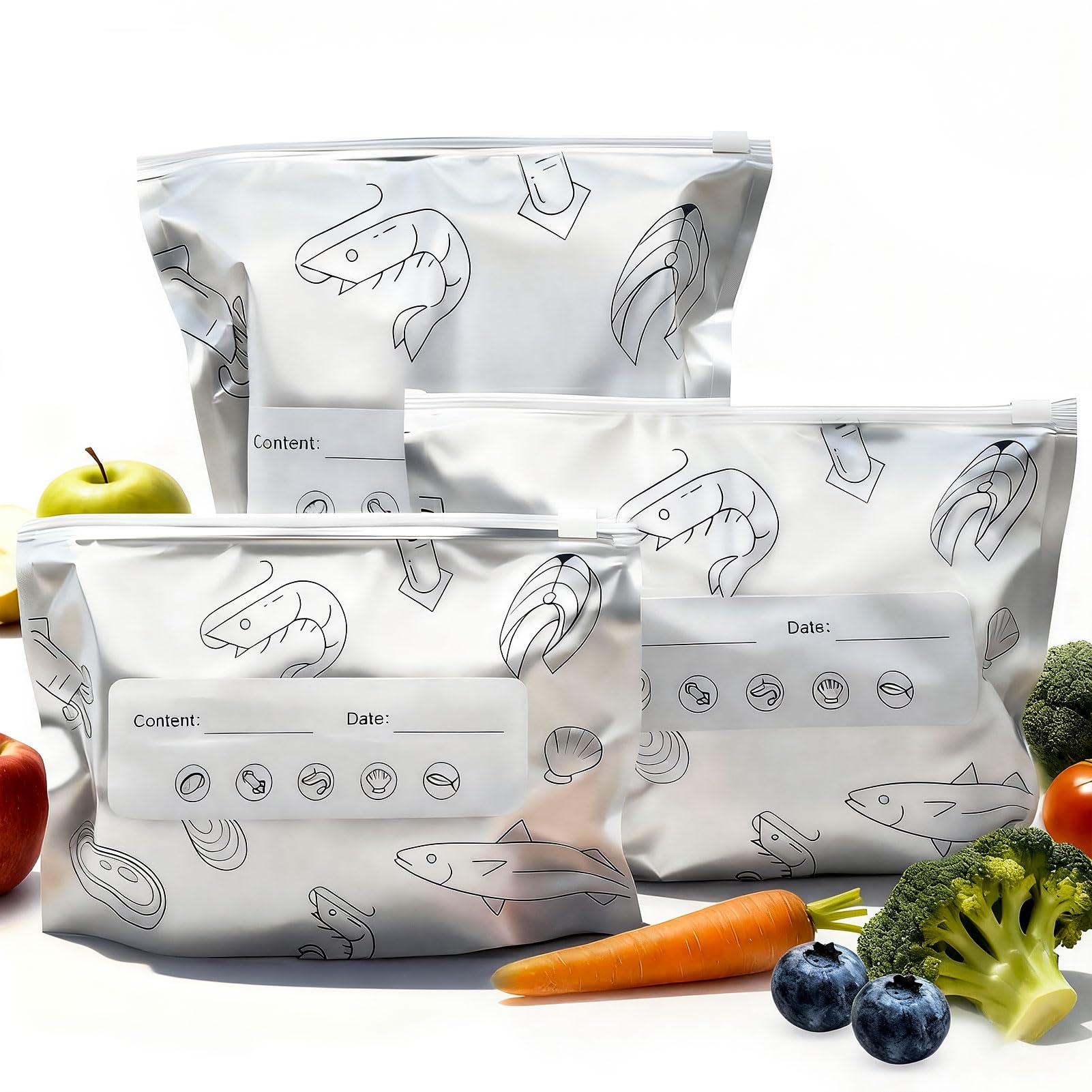 Aluminum Foil Food Storage Bags, Reusable Freezer Bags for Refrigerator, Stand Up Airtight Vacuum Sealer Bags, Heavy Duty Smell Proof Lock Freshness, Perfect for Meat, Vegetables (30, 3 SIZE / 30 PCS)