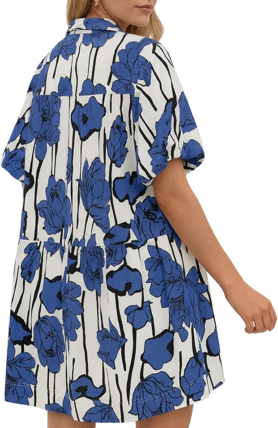 Women's Summer Button Down Shirt Dress Floral Puff Short Sleeve Casual Loose Fit Beach Mini Dresses - Image 5