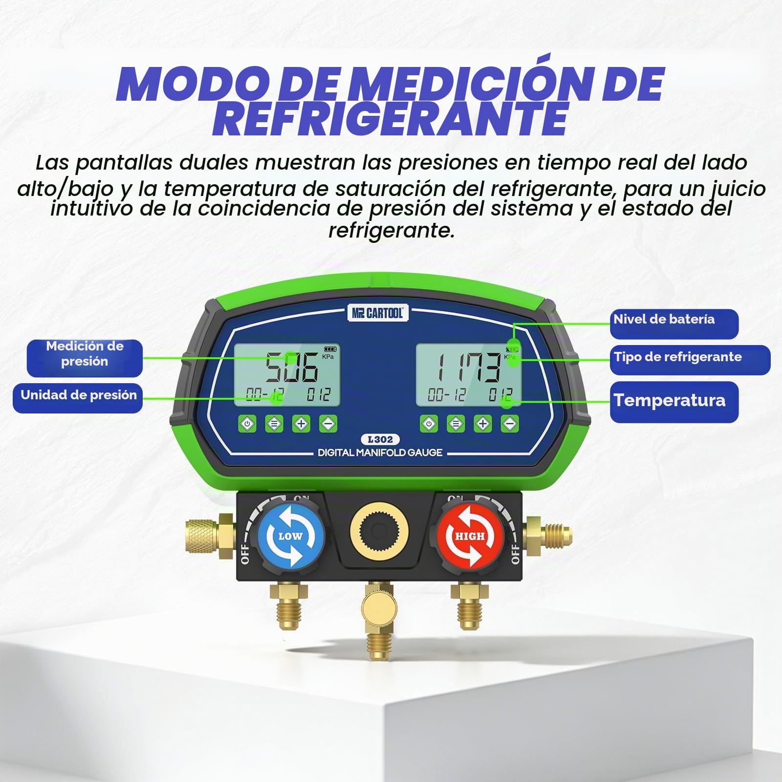 Manómetro digital L302 Colector de refrigerante HVAC de gas Manómetros digitales con 3 tubos 90 Refrigerantes para sistemas de refrigeración R32 R410a