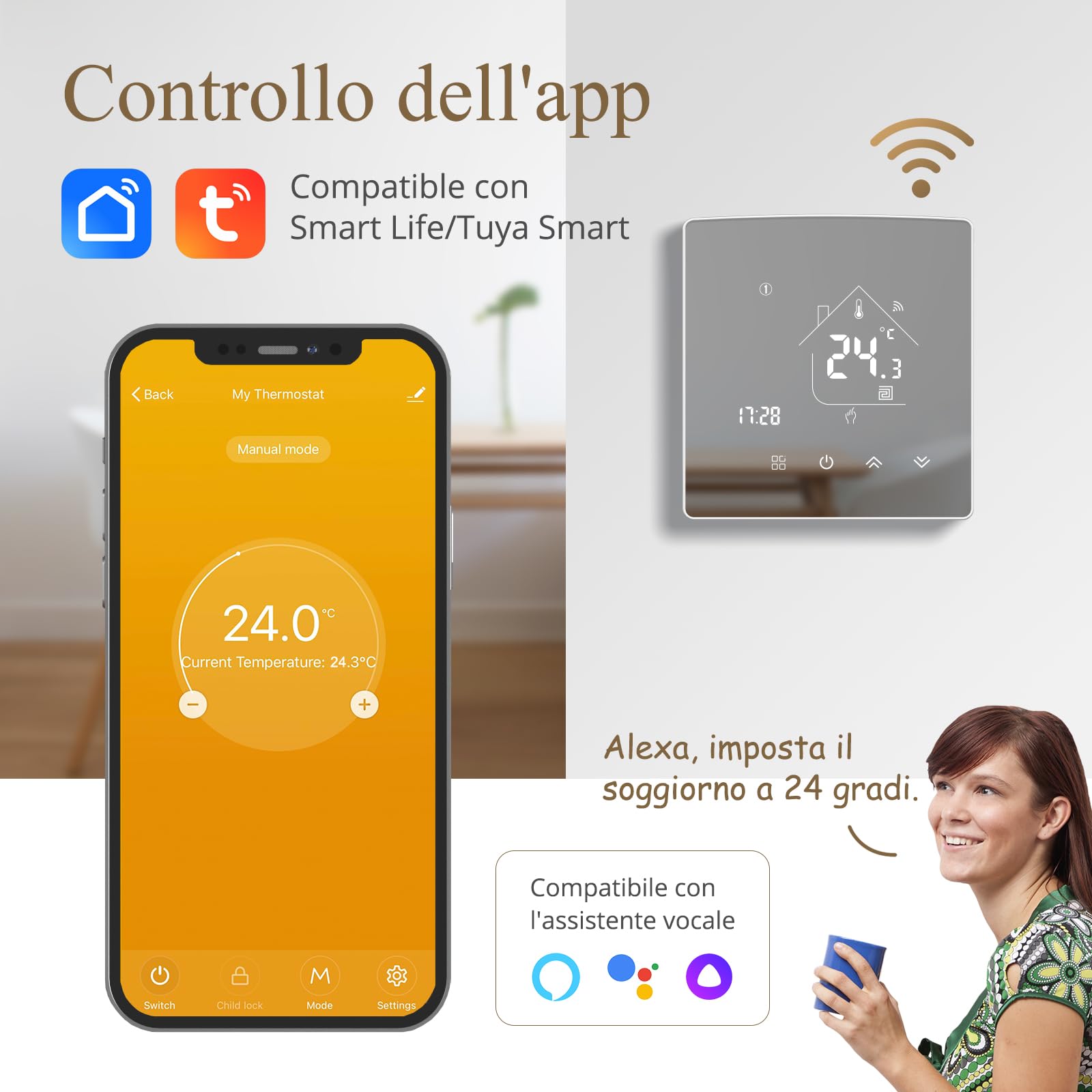 Termostato Wi-Fi per caldaia, termostato programmabile settimanalmente con telecomando intelligente, compatibile con Tuya/Smart Life, supporta il controllo vocale tramite Alexa/Google Assistant.220v