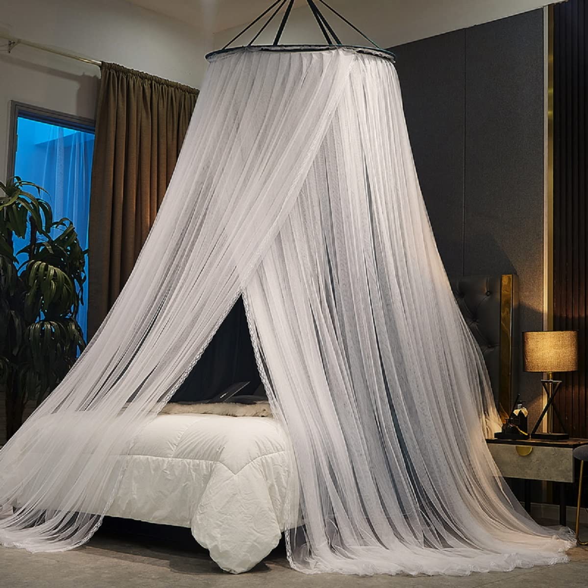 Kertnic Luxuriöser Betthimmel für Mädchen und Erwachsene, groß, elegant, doppellagig, Bettvorhang, Baldachin, Vorhänge, runde Kuppel, Spitze, Prinzessinnen-Vordächer, Netz (Pfauenblau)