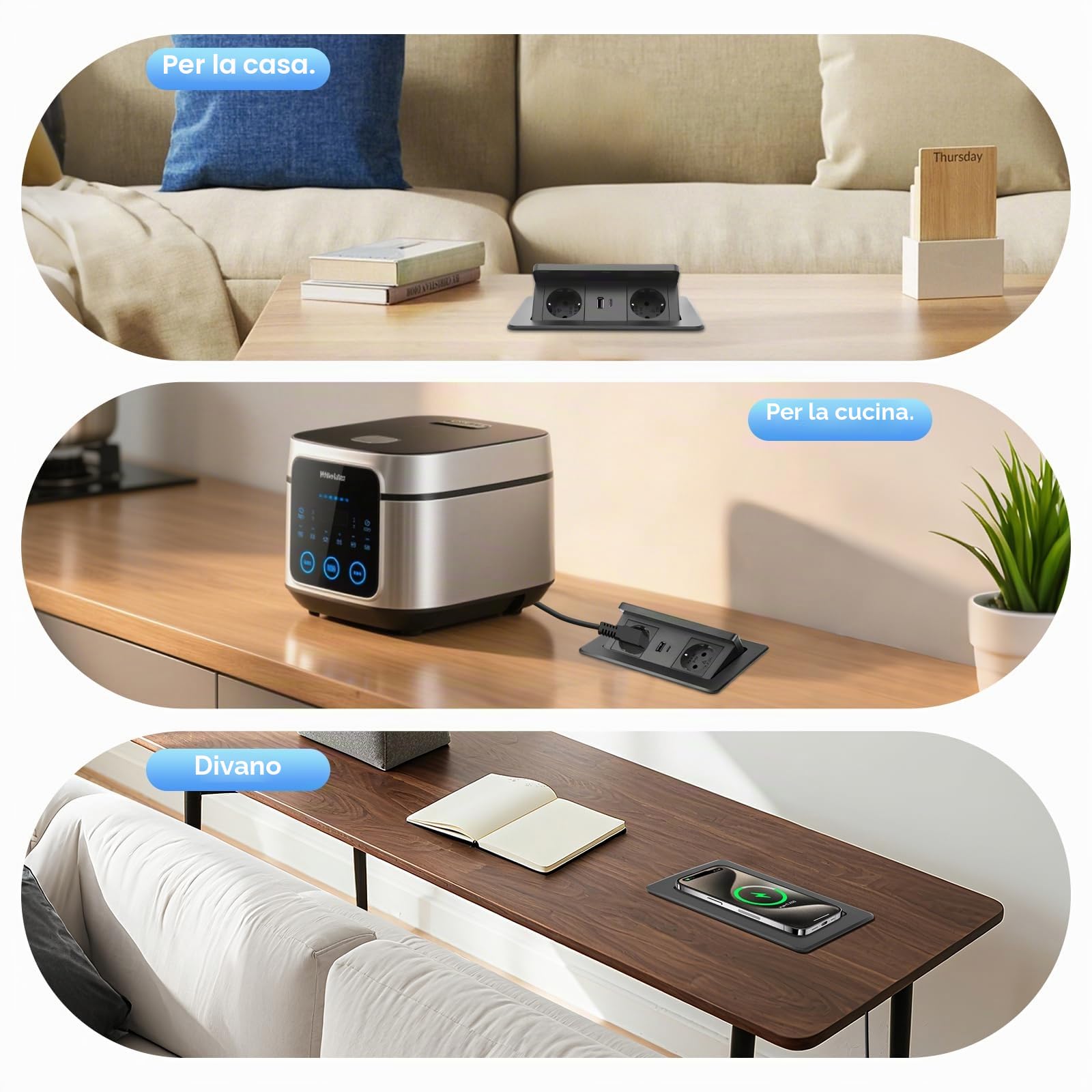 Presa da incasso per cucina con caricabatterie wireless da 15W e USB C PD20W, presa da incasso a 2 prese, presa da tavolo, caricabatterie rapido pop-up per tavolo da ufficio