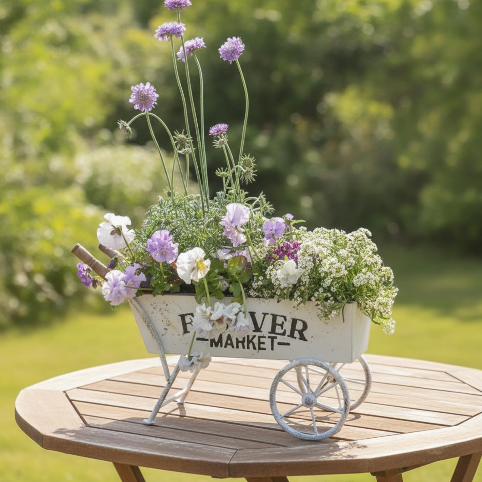 Brouette Porte-Plante en Métal Vintage Jardinière en Forme Brouette Extérieur Chariot à Fleurs pour Jardiniers, Blanc