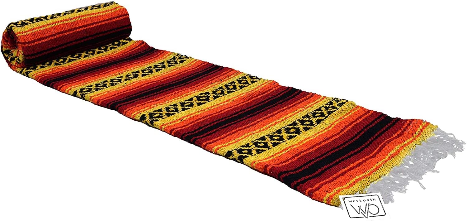 Open Road Goods Heavyweight Mexican Falsa Yoga Blanket, Extra Thick with Stripes - Great Beach, Picnic, or Throw - Handmade Sunfire Red, Orange, and Black Colors