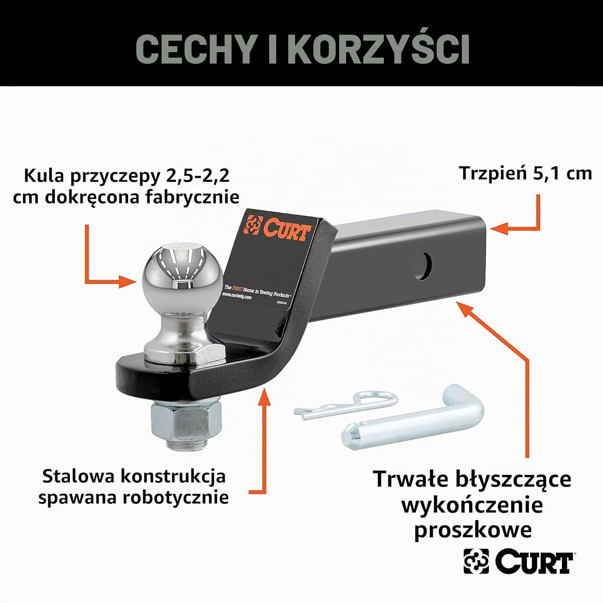 CURT 45034 Mocowanie haka holowniczego z kulką i sworzniem 1-7/8″, pasuje do odbiornika 2″, 3400 kg, spadek 2″, czarny