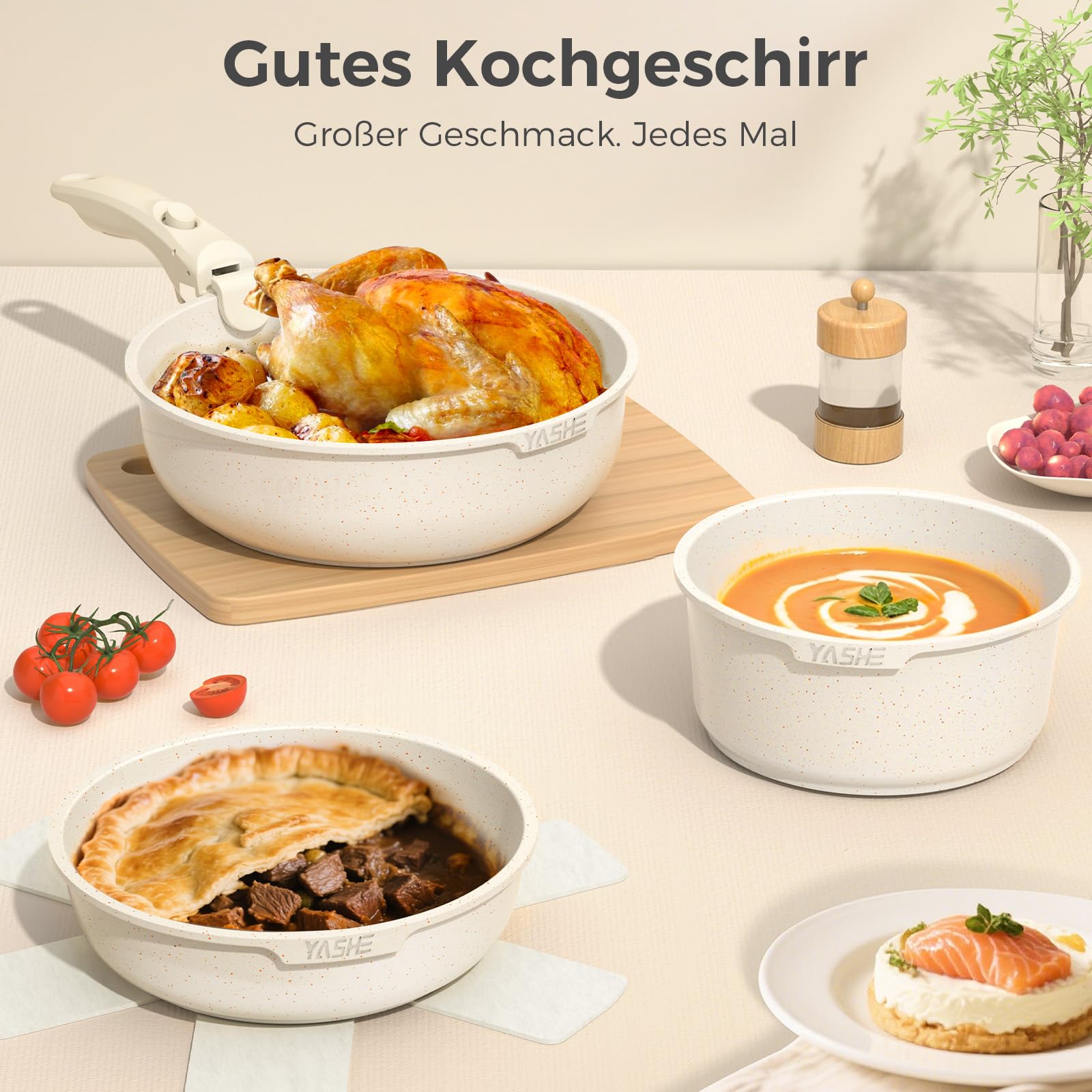 YASHE 15-teiliges Kochgeschirr-Set, Töpfe und Pfannen mit Granit-Antihaftbeschichtung, abnehmbare Griffe, stapelbar, leicht zu reinigen, kompatibel mit Induktion, Gas und Glaskeramik