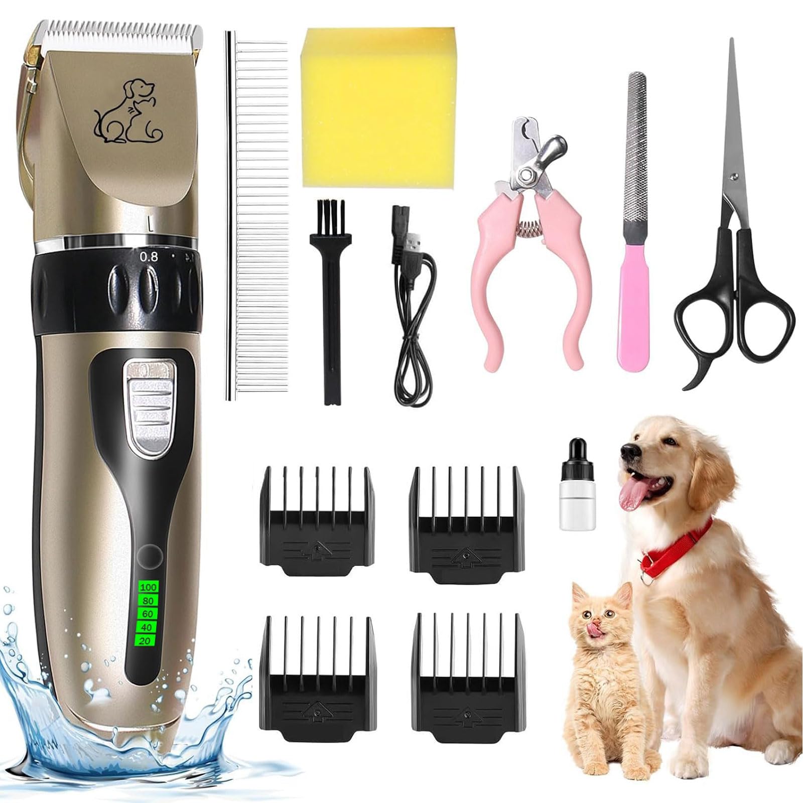 Maquina Cortar Pelo Perros Profesiona, Cortapelos Perros, Cuchillas de Cerámica Extraíbles, Cortapelos para Perros, Cortapelos de Bajo Ruido con 4 Peines Guía Mascota Cortapelo Perro