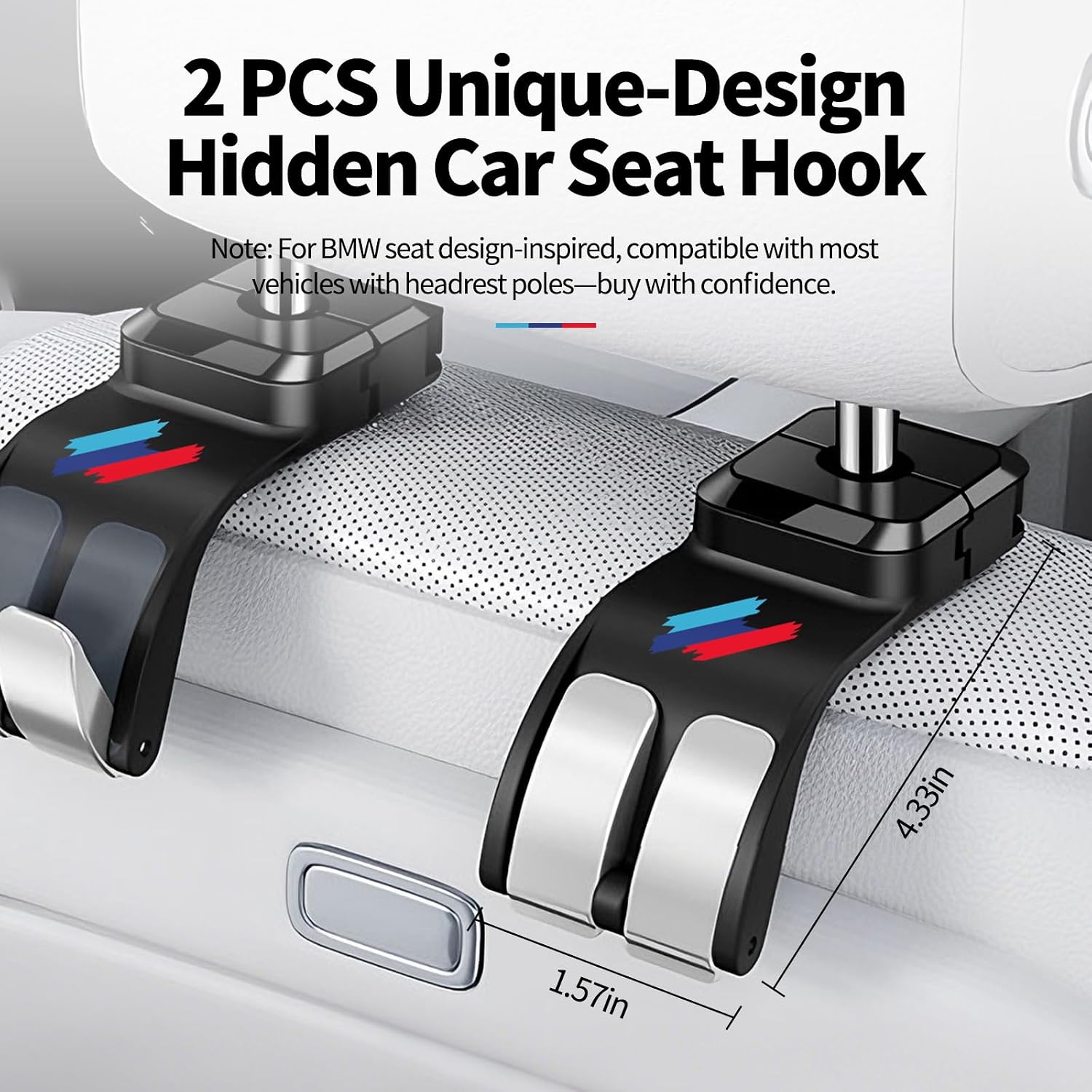 2 PCS Car Headrest Hook Safe Foldable Hidden Seat Hooks, Strong Load Capacity ABS Seat Hanger for Purse Bag Bottle Storage Organizer, for BMW 3 4 5 X1 X3 X5 Accessories with Sporty 3-Color Logo