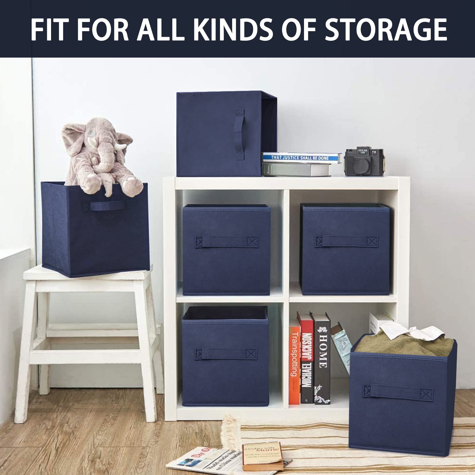 EBIGIC Faltbare Aufbewahrungskörbe, würfelförmiger Aufbewahrungs-Organizer (3 Stück), 26,7 x 26,7 x 27,9 cm, für Zuhause und Büro, zusammenklappbarer Schrank-Organizer, Schubladen-Organizer (blau)