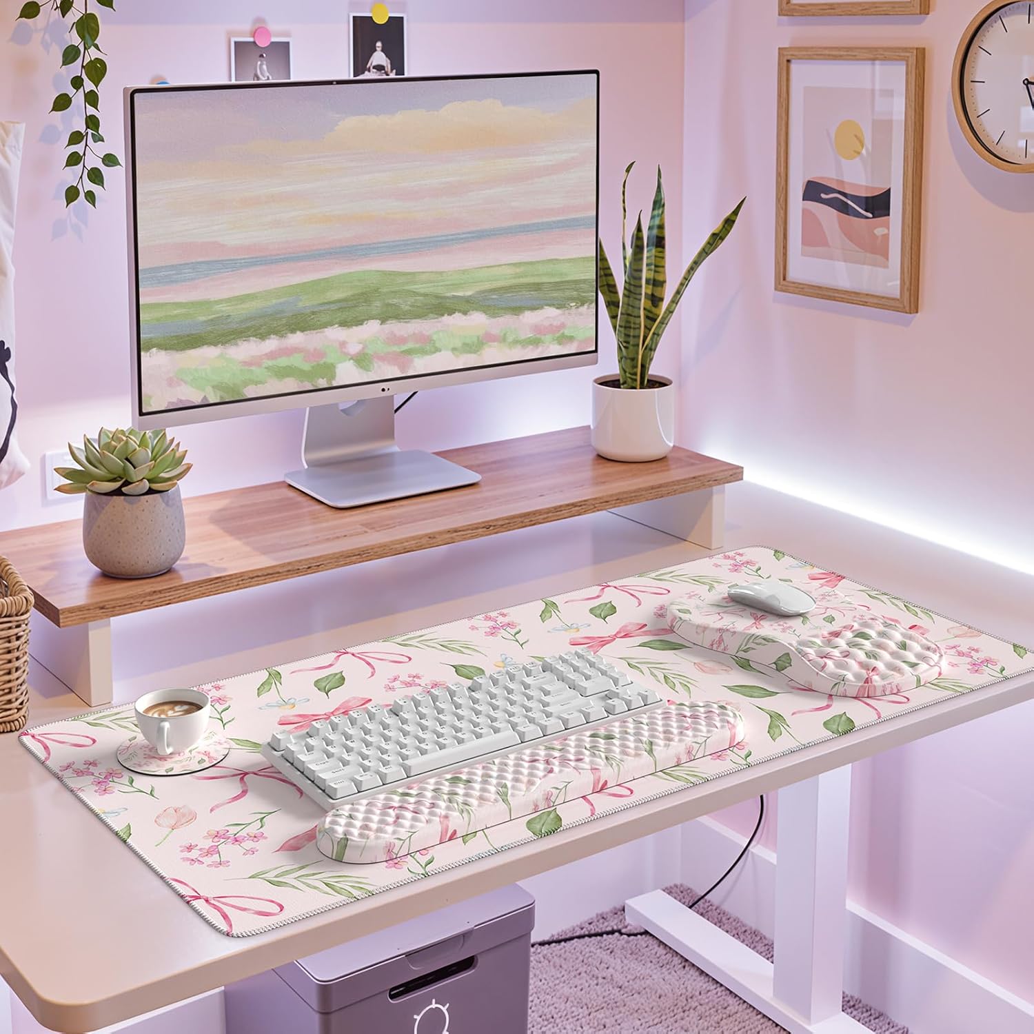 Keyboard Wrist Rest and Mouse pad Set,Bow Desk Cover mat,Pink Mouse pad with Wrist Rest with Coaster for Office,Non Slip mat for Women Must Stuff Accessories