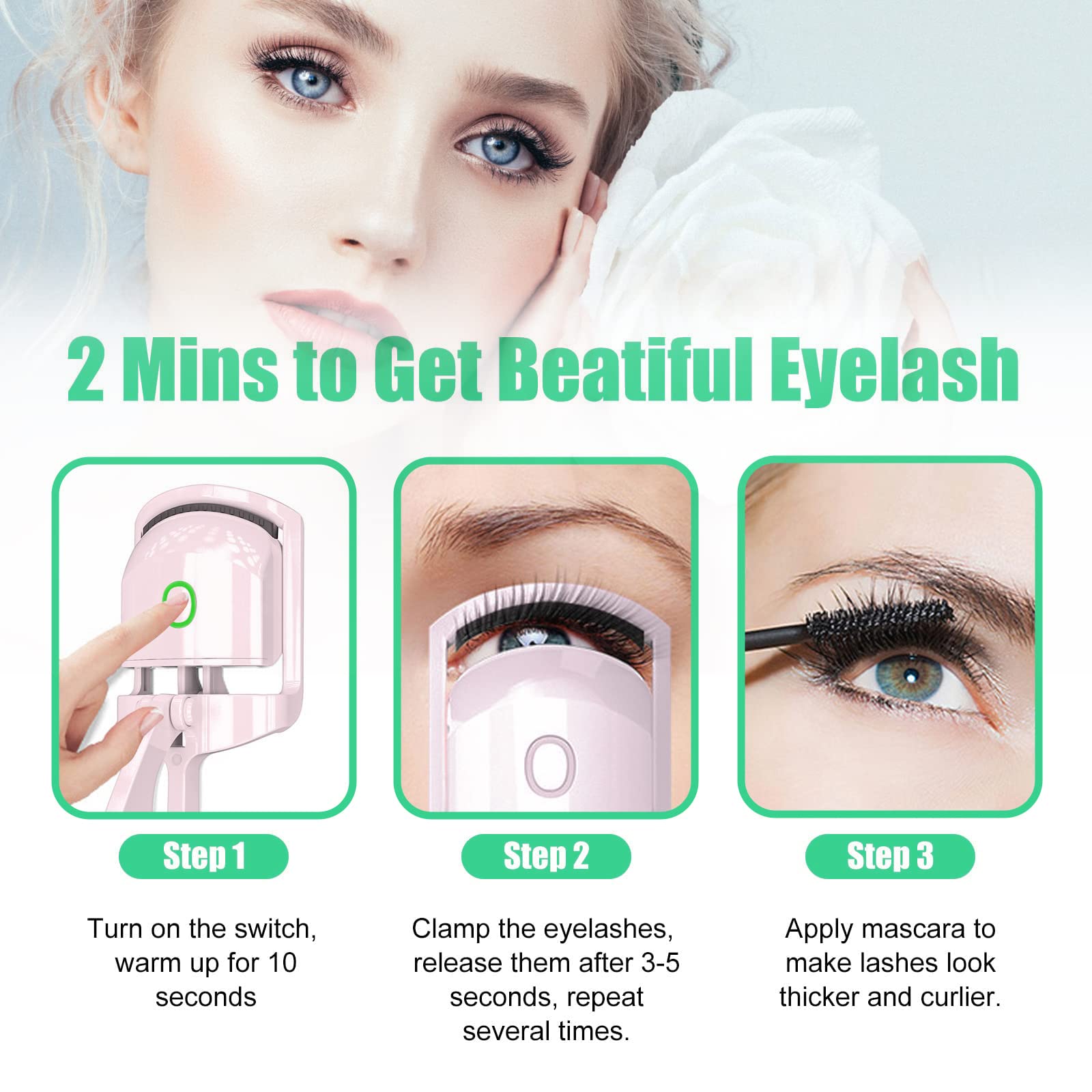 DOPI Rizador de pestañas eléctrico, 2 modos de calentamiento, rizador de pestañas calentado con precalentamiento rápido para todas las formas de ojos, regalo ideal para mujeres y novias (verde)