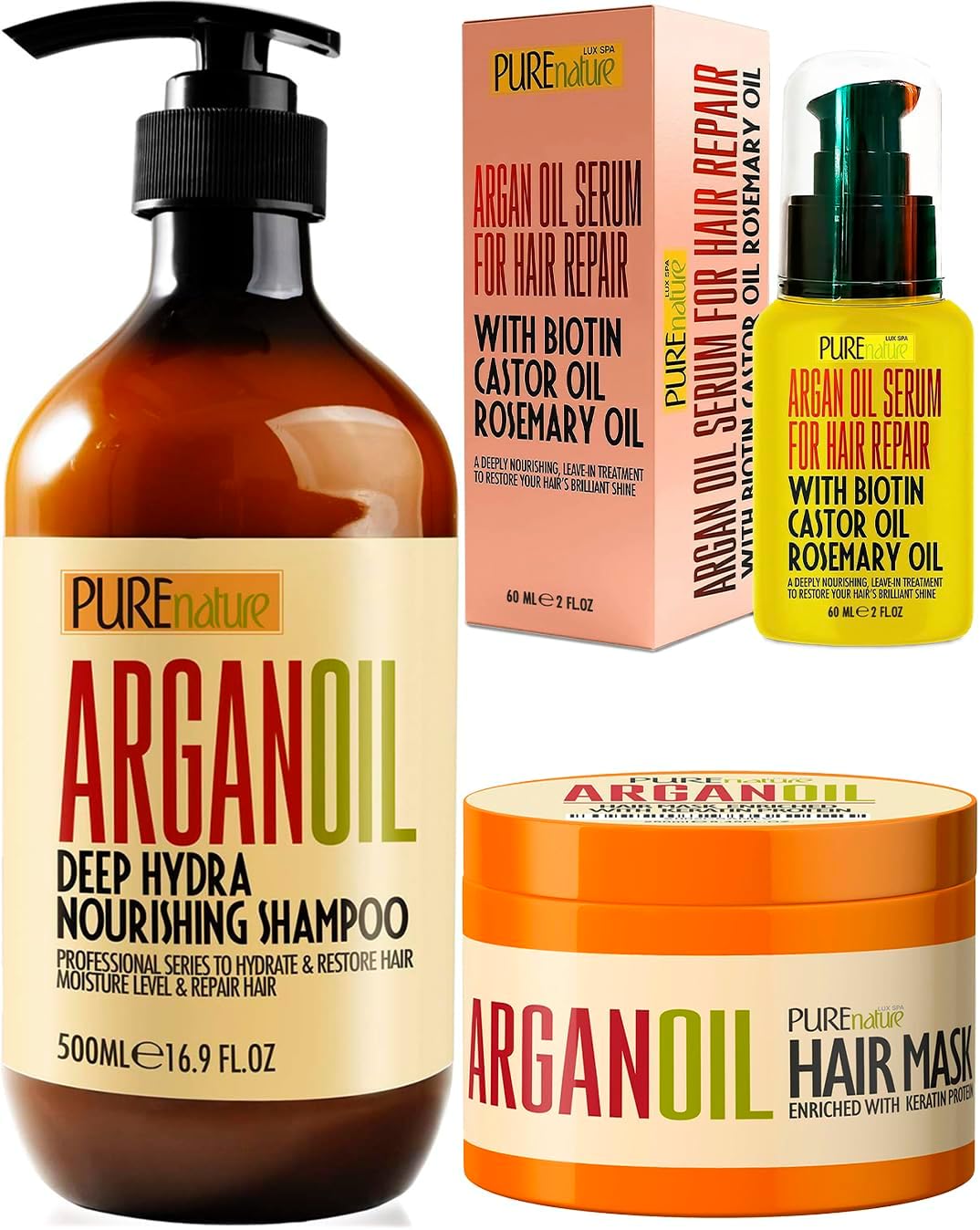 PURE NATURE LUX SPA Moroccan Argan Oil Hair Serum and Moroccan Argan Oil Shampoo and Moroccan Argan Oil Intense Hair Mask