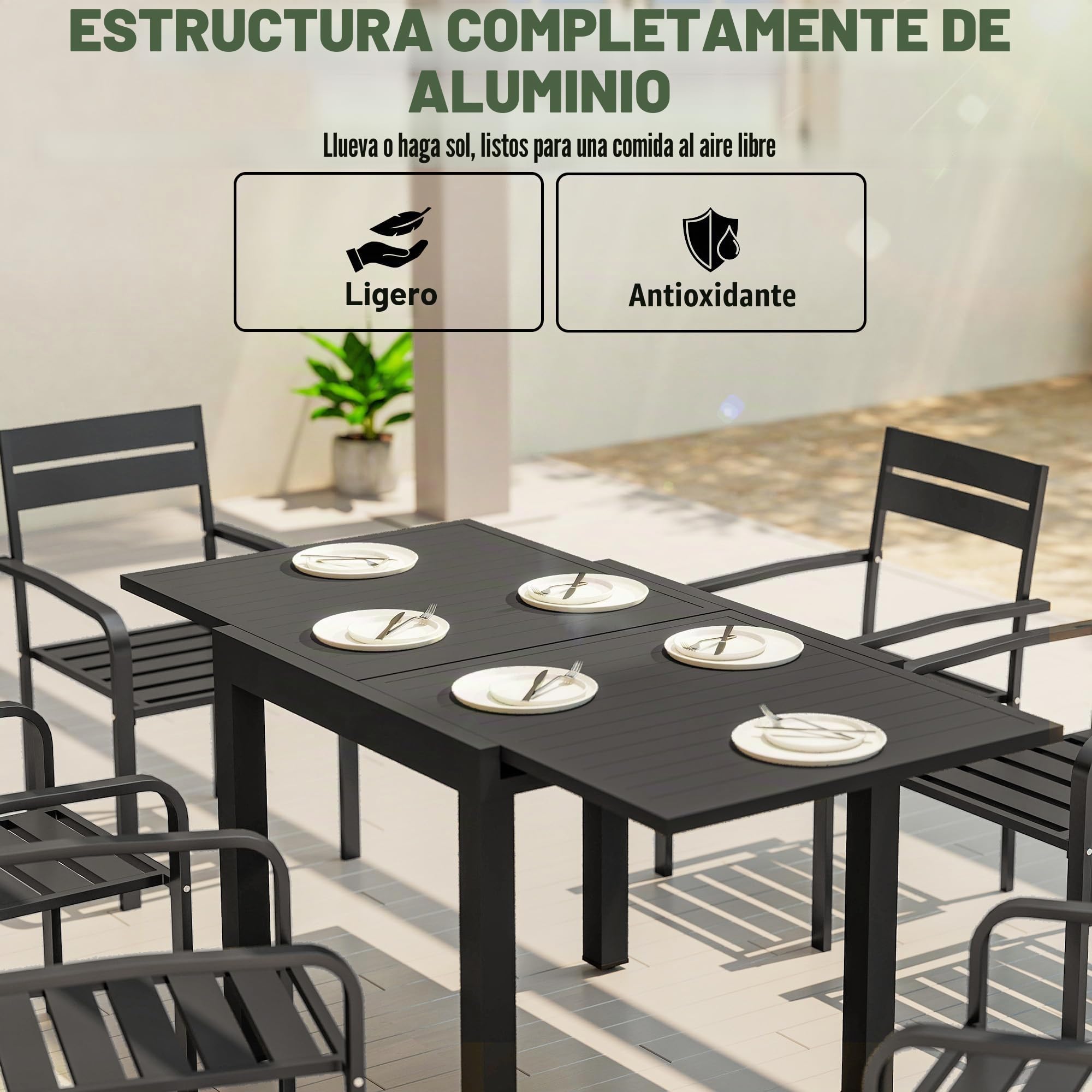 Outsunny Mesa de jardín Extensible para 4-6 Personas 80/160x80 cm Negro | Mesa comedor/balcón rectangular aluminio con tablero lamas, resistente intemperie, para jardín, balcón, terraza.
