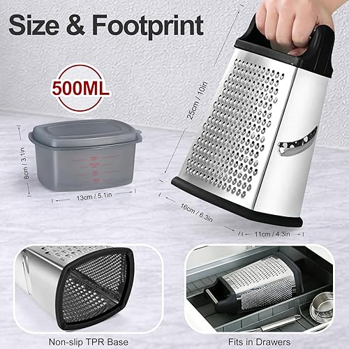Miniatura 3 de Ourokhome Rallador de queso con asa, rallador de caja de acero inoxidable, triturador de verduras de cocina de 4 lados con recipiente para Negro