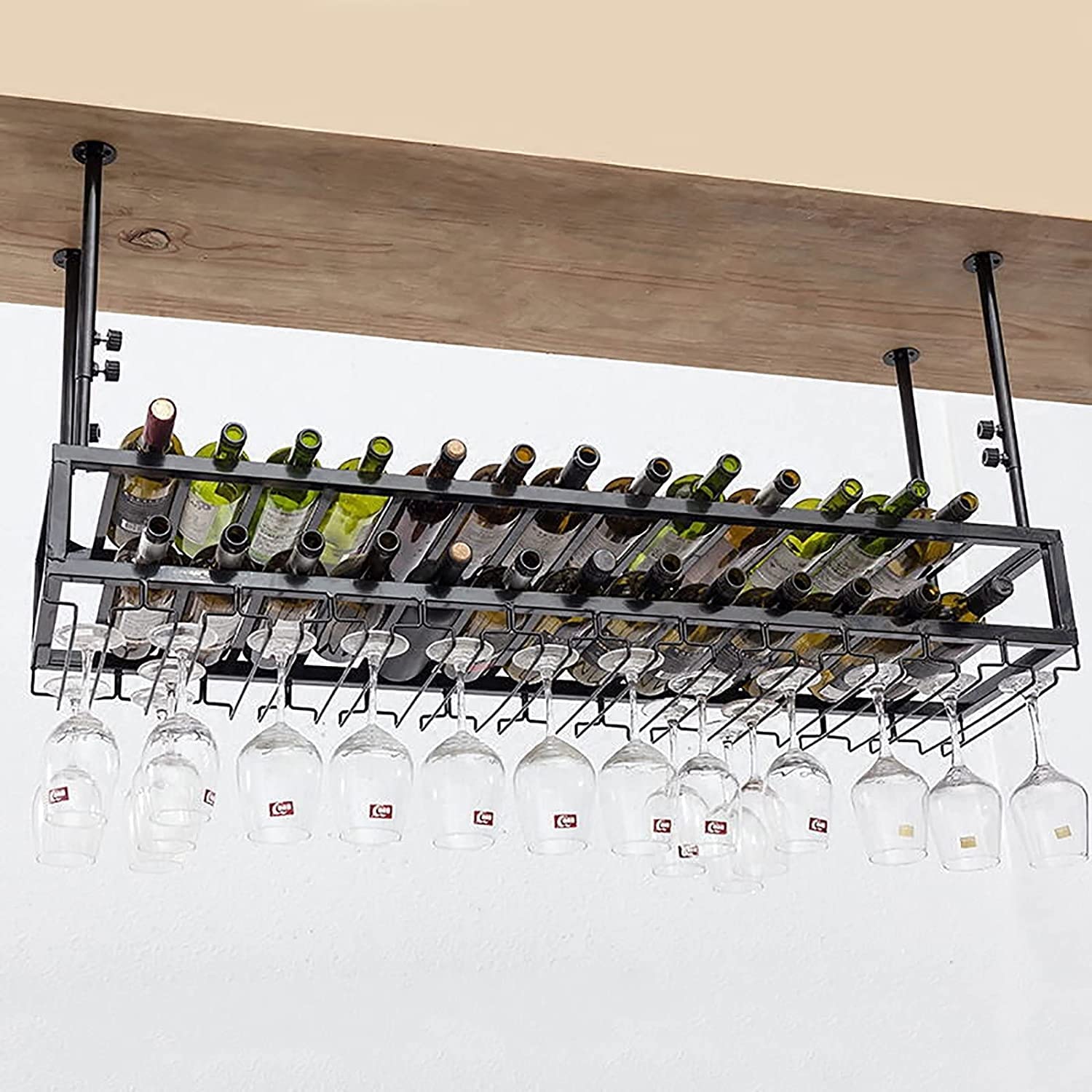 Casier à vin en métal avec support de verre suspendu et hauteur réglable de 80cm