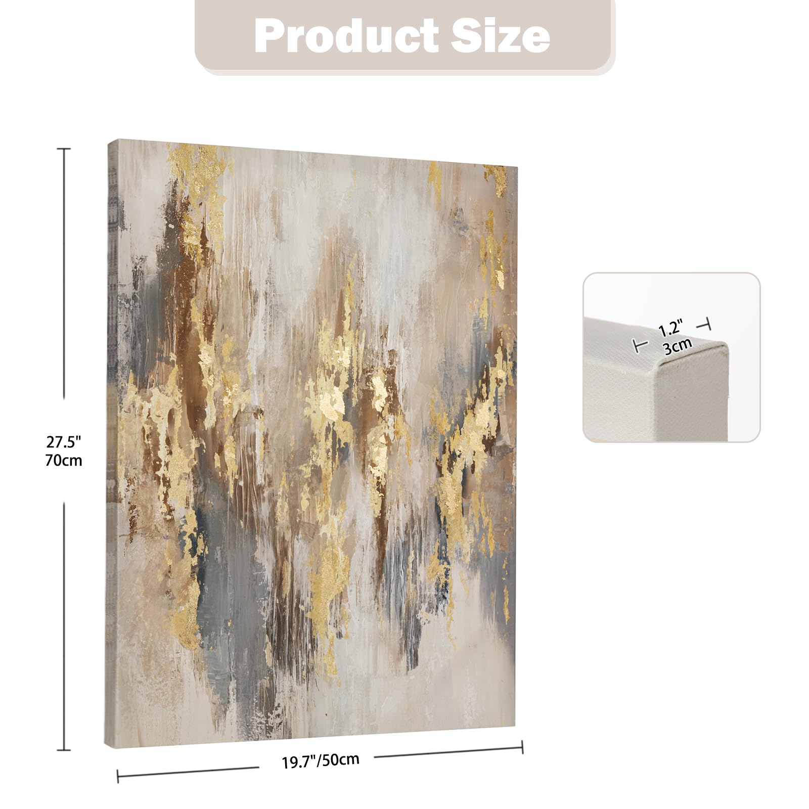 Grande peinture sur toile 70 x 50 cm - Structures dorées - Art abstrait exquis sur fond neutre - Décoration murale pour la maison, l'hôtel, le bureau