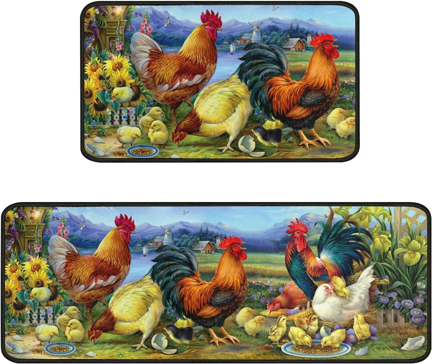 Rooster Kitchen Rug Decor 2 Pieces Set Farmhouse Style Kitchen Mat Washable Runner Rug Chicken Sunflower Decoration Indoor Floor Mat 17" x 47" + 17" x 30"