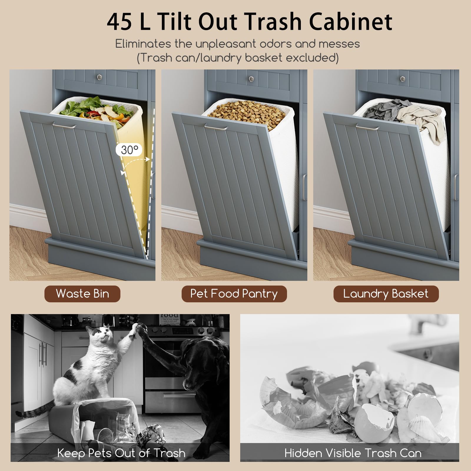 KOMFOTTEU Buffet Haut avec Support pour Poubelles, Colonne de Cuisine avec 2 Tiroirs & 2 Armoires à Portes, Meuble Rangementd de Cuisine, Plan en Bois Massif, 100 x 34 x 172 cm (Gris)