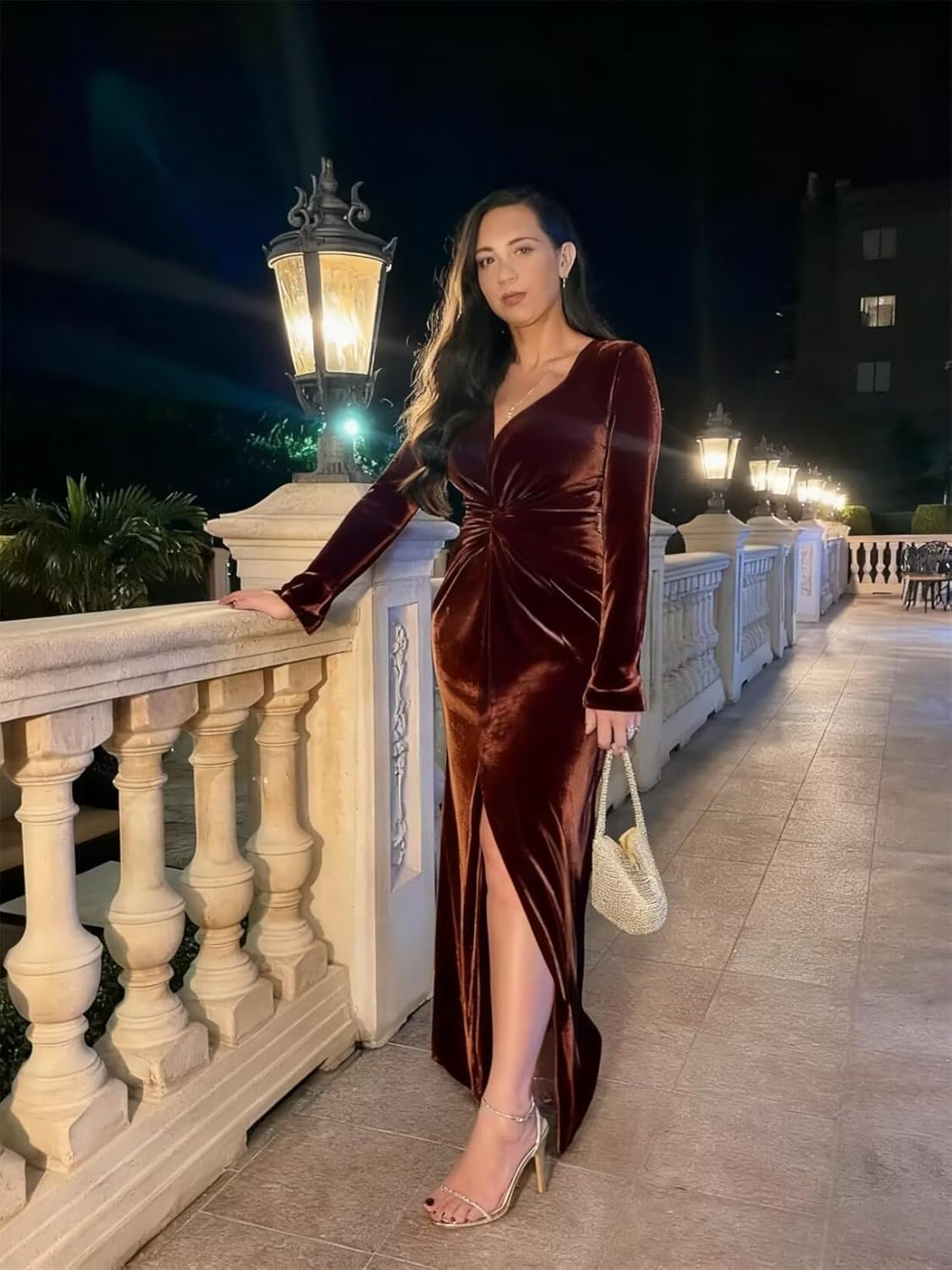 Ouyisha V Neck Velvet Dresses Long Sleeves Bodycon Elegant Winter Formal Wedding Guest Dresses - Image 6