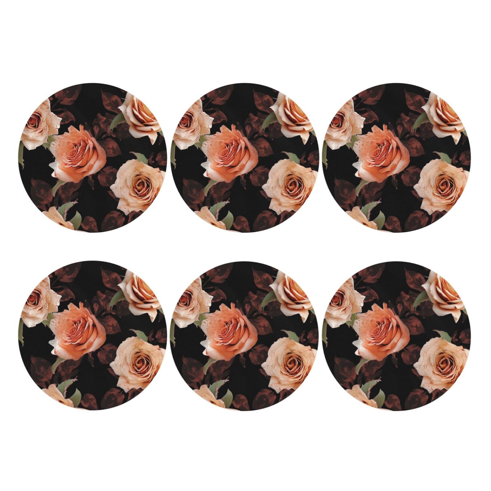 6pcs Leather Coasters for Drinks, Black Peach Rose Drink Coasters for Tabletop Protection, 4" Cup Coasters for Coffee Table Decor, Non-Slip Drinking Cup Mat for Hot Or Cold Drink