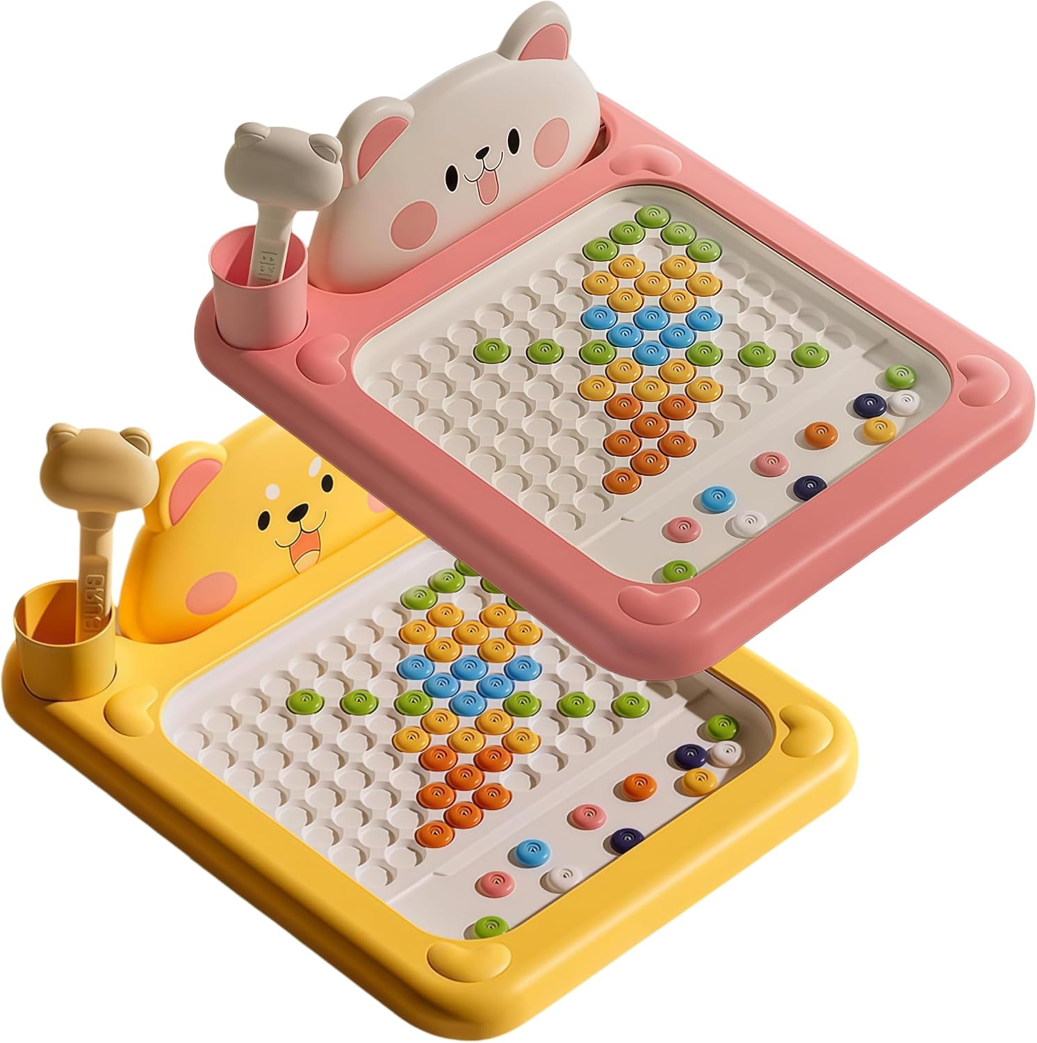 Large Magnet Doodle Board with Pen and Dot Beads, Pattern Booklets Pen Doodle Board, Cartoon Magnetic Dot Art with Dot Beads, Montessori Travel Learning Toy: Great Gift for 3-6 Year Olds (Pink+Yellow)