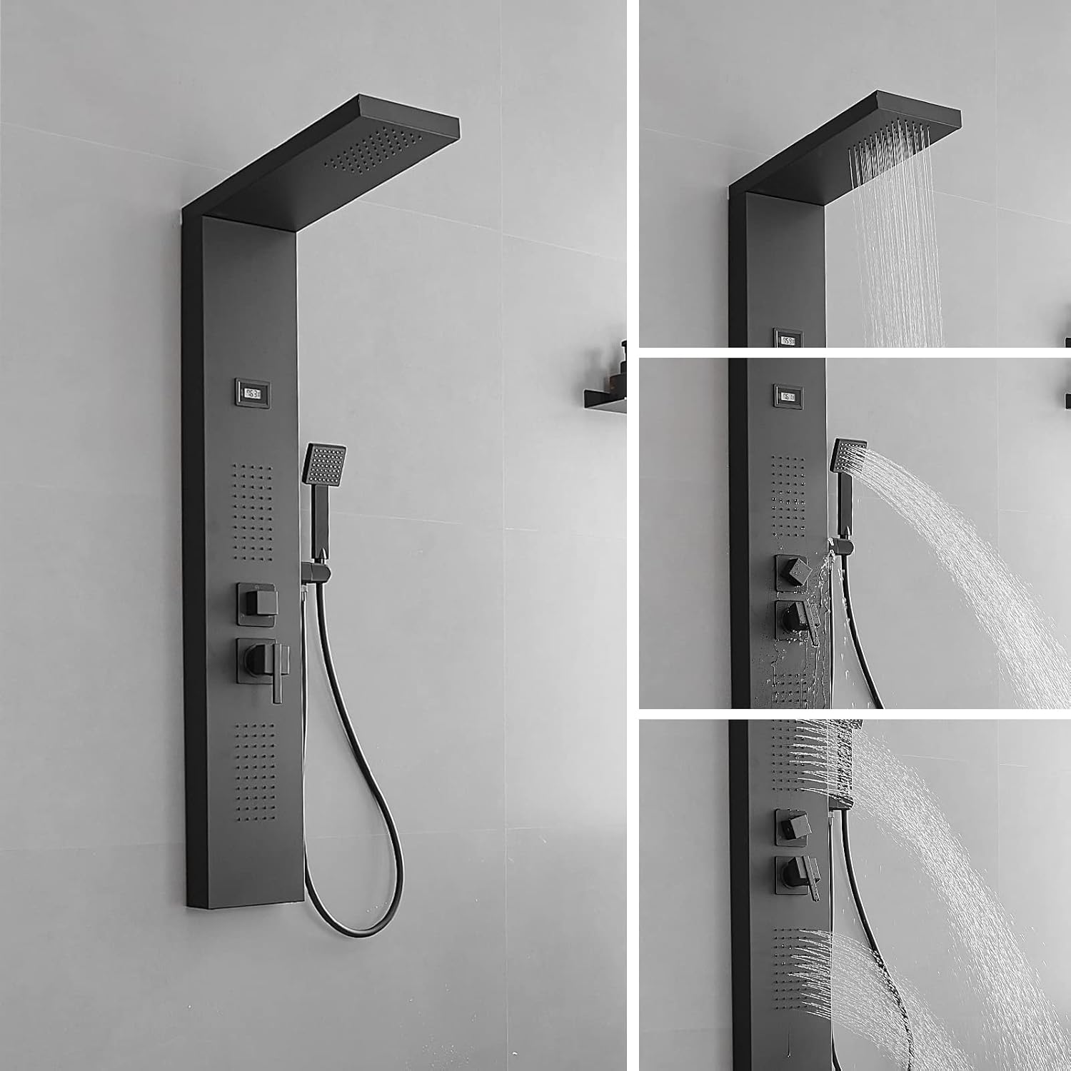 BWE 3 In1 Shower Panel Tower System Multi-Function Black Shower Panel SUS 304 Stainless Steel with Rainfall Shower Head,Massage Body Jets and Handheld Shower for Home Hotel Resort