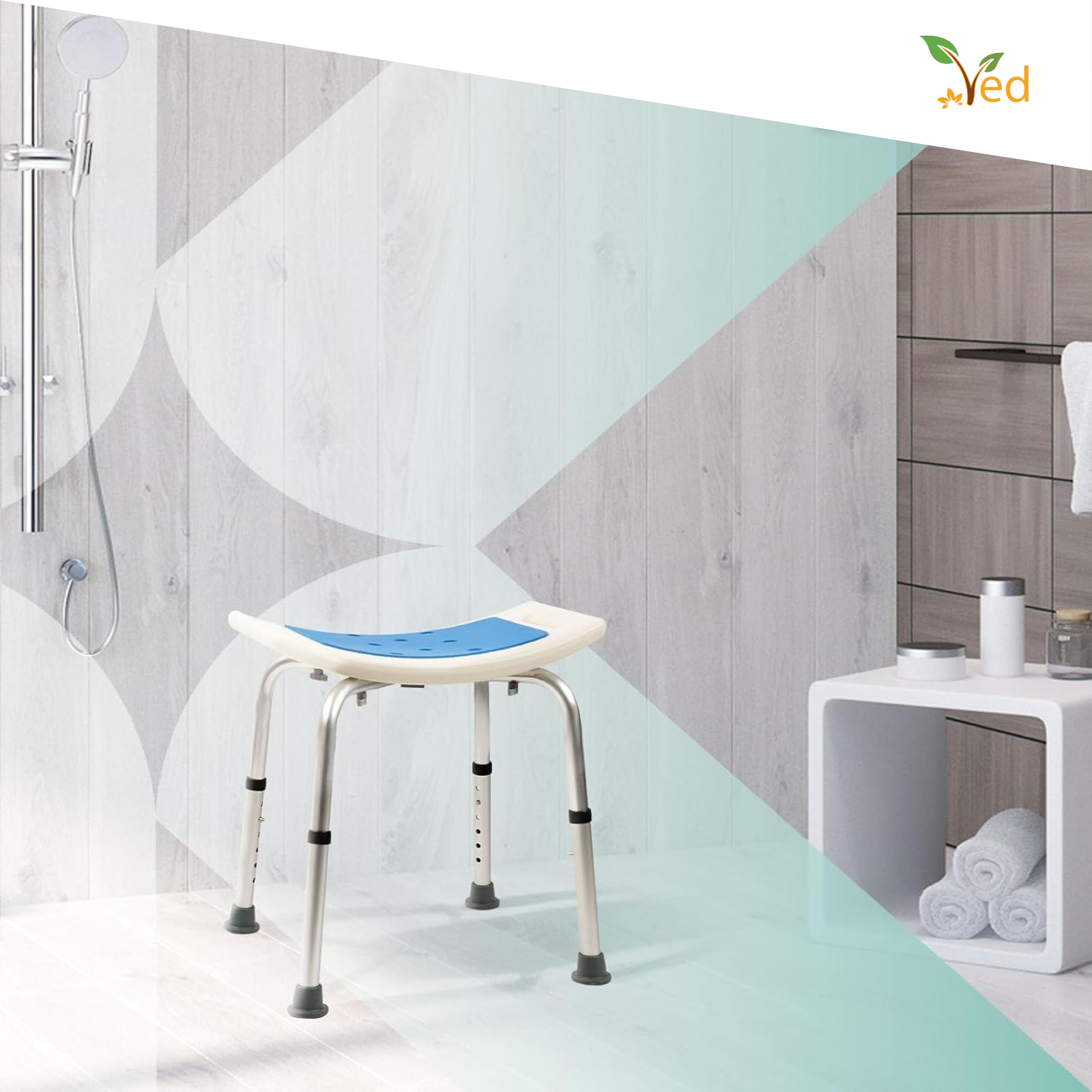 Sgabello da doccia antiscivolo regolabile VED – Sedia da bagno in alluminio antiruggine leggera per anziani, disabili, gravidanza, post-operatorio, da 14,96 a 20,07 pollici (da 38 a 51 cm)