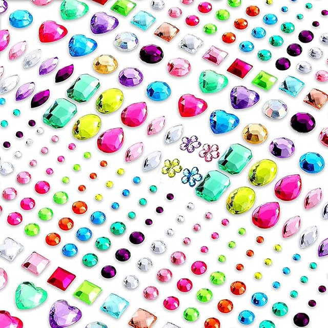 Gerhannery Stick-on Gems Sticker Self Adhesive Rhinestone Stickers for Crafting Over 950 Stickers Acrylic Crystal Gem Sheets, Various Shapes Multicoloured Crystal Gemstone for Scrapbooking 10 Sheets