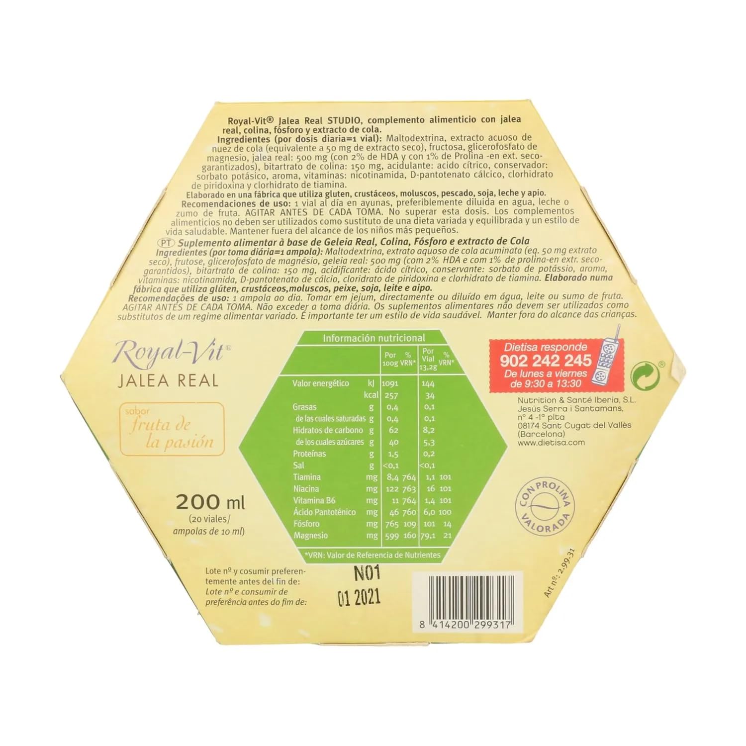 Dietisa Royal-Vit Jalea Real Studio - Pack Ahorro 2 x 20 Viales - Complemento Alimenticio con Jalea Real y Extracto de Kola - Para Concentración y Memoria