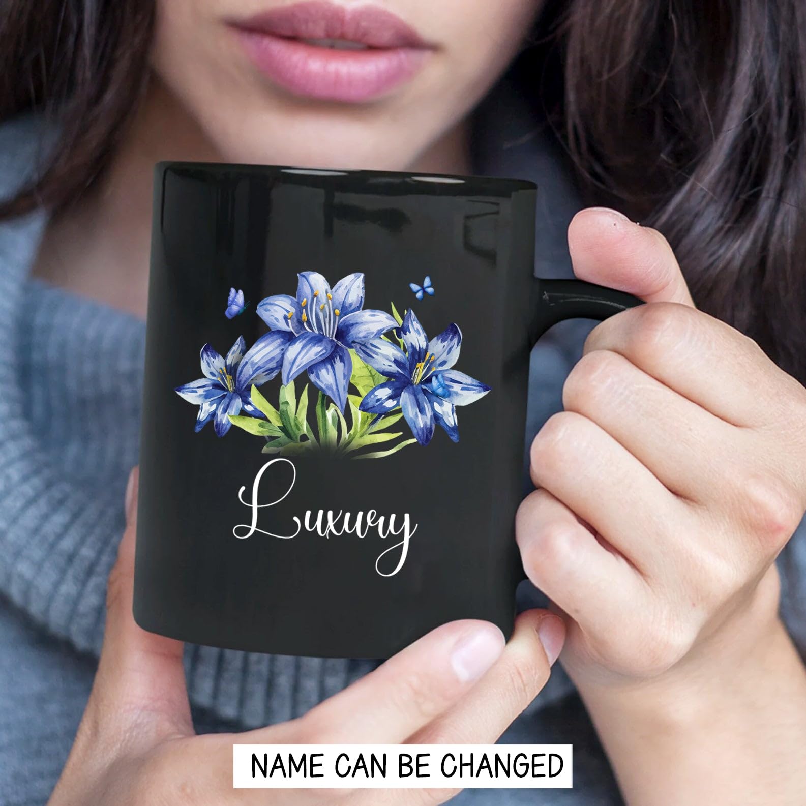 Iris Flower Mug Gift For Iris Lovers, Personalized Floral Iris Coffee Mug, Customized Iris Lovers Name Pottery Cup, Plant Lover Black Ceramic Cup, Novelty Flower Themed Decorative Mugs 11oz 15oz