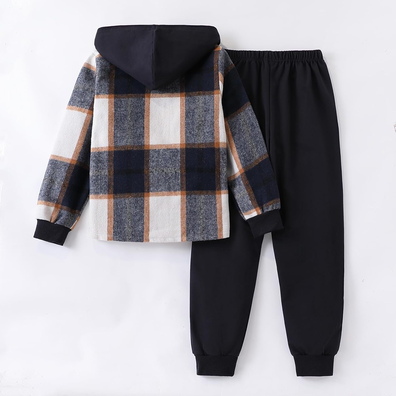 2Pcs Kids Boys Sweatsuit Hoodie Flannel Plaid Shirt Tops and Jogger Pants for Kids Fall Winter Spring Outfits - Image 2