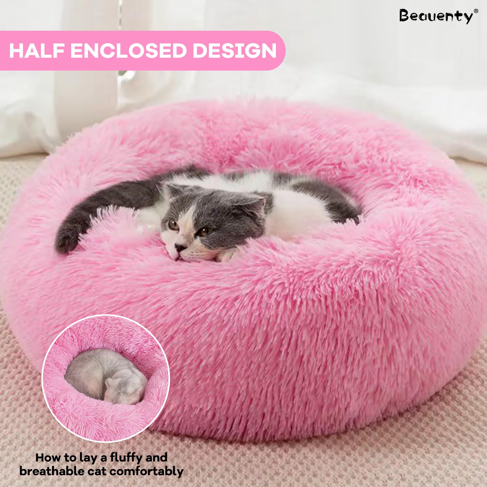 بيونتي سرير قطط دائري من القطيفة، سرير كلب صغير فائق النعومة، عش للقطط مع قاعدة غير قابلة للانزلاق، سرير نوم للحيوانات الاليفة ذاتي الدفء، عش للحيوانات الاليفة للقطط والكلاب والقطط الصغيرة والجراء