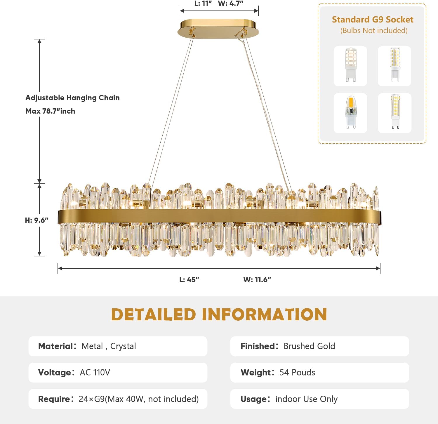 Gold Oval Crystal Chandelier L45.3 inch, 24-Lights Gold Chandeliers Modern Crystal Chandelier Pendant Light Fixture G9 Lights Pendant Ceiling Light for Dining Living Room Kitchen Island