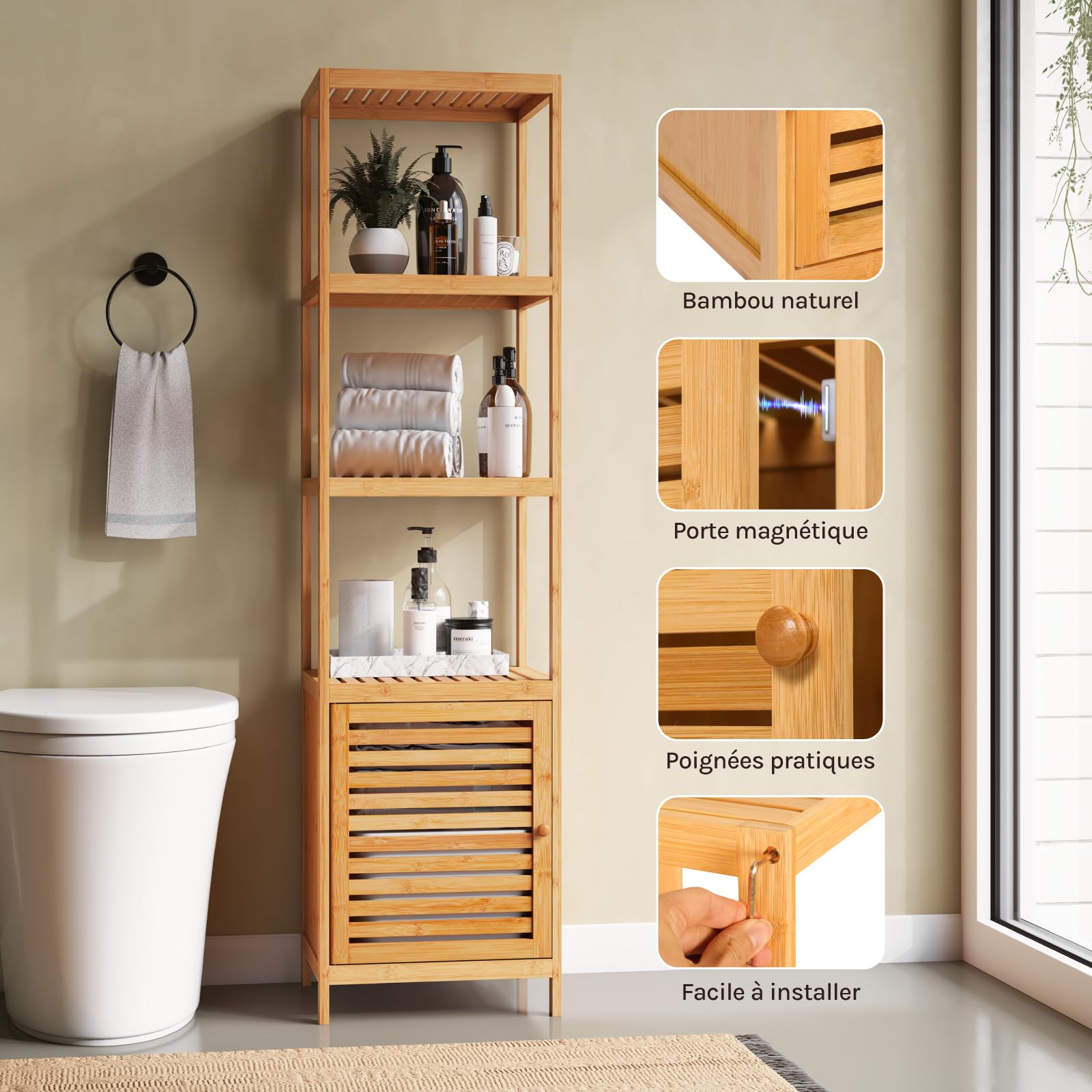 WOLTU Meuble Salle de Bain Bambou, Étagère Colonne pour Salle de Bain | avec 4 Tablettes Ouvertes, 1 Placard avec Porte à Lamelles, 36x33x140cm
