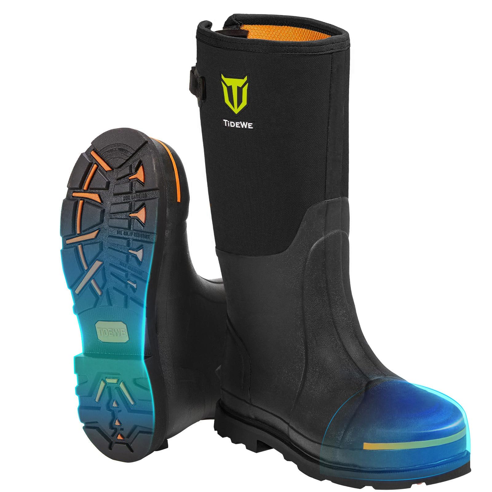 TIDEWE Rubber Work Boots for Men, Steel Toe &amp; Shank, Waterproof Anti Slip