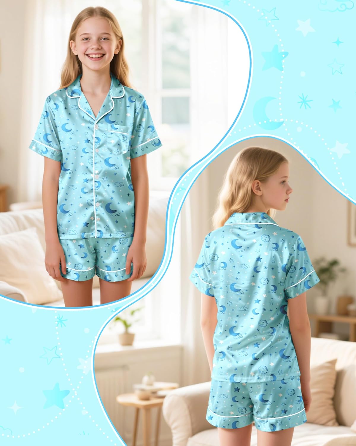 Nidoul Girls Pajamas Satin Pajama Set Silk Pjs Short Sleeve Button Down Summer Bow Sleepwear for Big Kids 7-14Y - Image 2