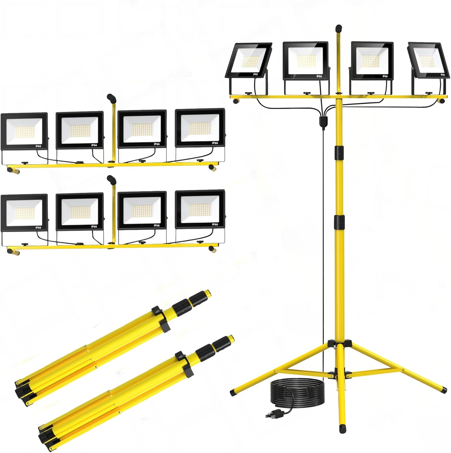 LED Work Light Plug-in with Stand, Outdoor Adjustable 28000 Lumens 110V 4 Flood Lights, Foldable Mechanical Light with 16.5ft Power Cord, Portable Waterproof Tripod with Work Light