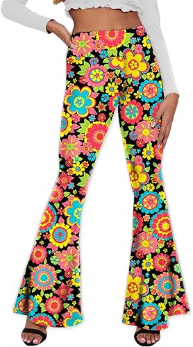 Deerose Pantalones de Cintura Alta Elásticos Ajustados Acampanados Estilo Hippie para Mujer