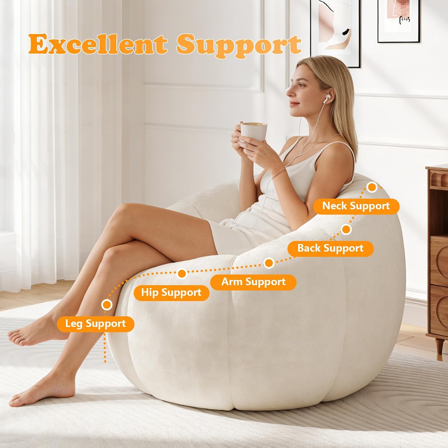Bean Bag Chair, Comfy Bean Bag Chairs for Adults Teens, Stuffed Sofa Chair Comfy Giant Bean Bag Chair with Spacious Design for Reading, Big Accent Couch Lounge Floor Sofa