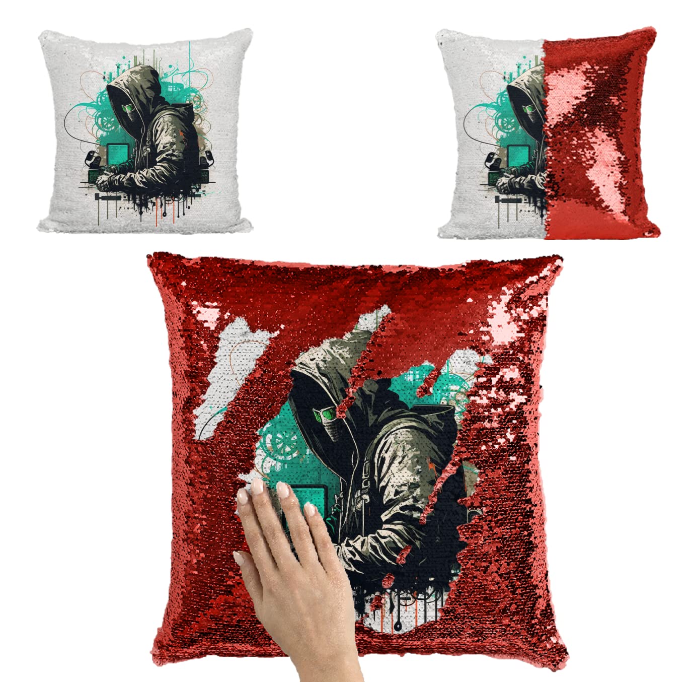 GenericHacker Vector Illustration Sequin Pillow Cover Gift, Magic Sequin Cushion Merchandise, Throw Home Decor, Merch 40 x 40 cm (No Insert)