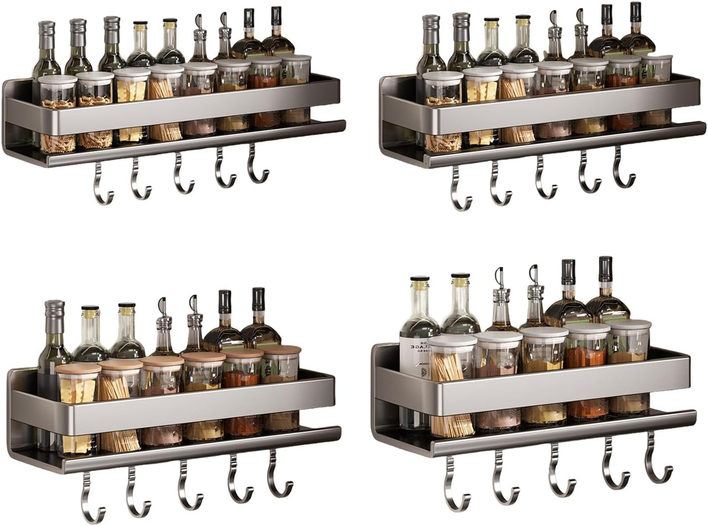 キッチンスパイスラック 壁掛けオーガナイザー 調味料用 フック付き ガンメタルグレーカラーデザイン