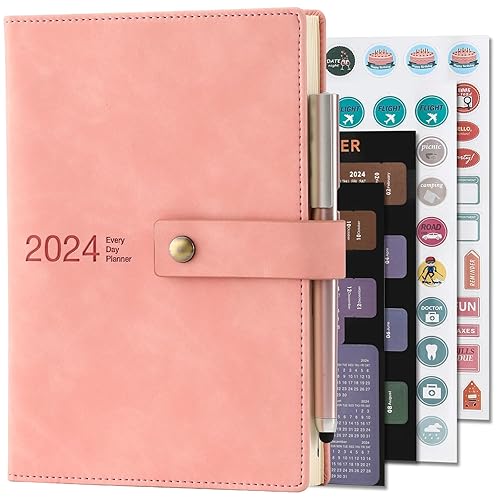 Academic Diary 2024, Daily Planner, A5 Day Per Page,Daily Diary from Jan 2024 - Dec 2024,Hard Cover Organisers Journals with Pen,Bookmark,Monthly Tabs,Stickers and Inner Pocket-14.5x21.5 cm (Pink)