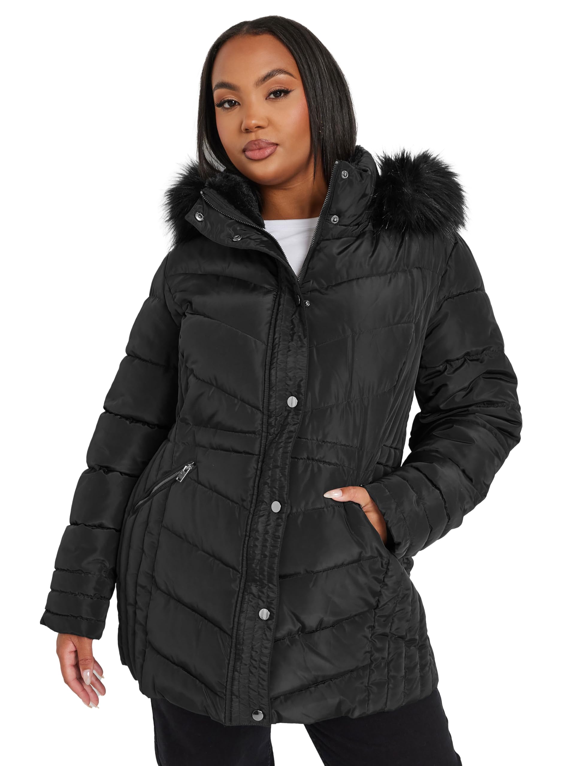 YoursCurve Padded Quilted Warm Winter Parka Coat Jacket with Fur Hood-  Women's Plus Size Black