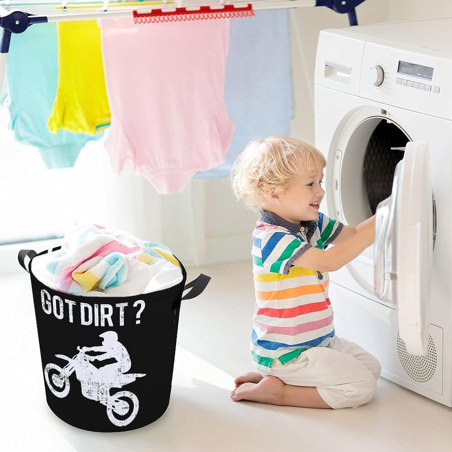 Got Dirt Bike Basket Laundry Hamper with Handles Canvas Fabric Storage Bin Round For Clothes Toys