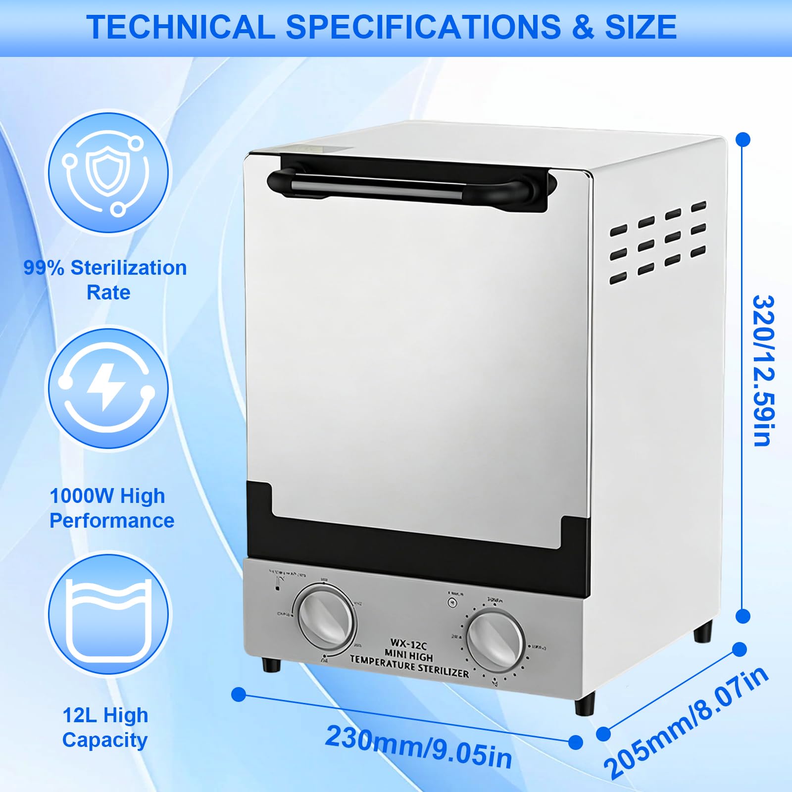 12L Autoklav Sterilisator, 1000W Doppel-Infrarot Trockenerhitzer mit 30 Min Timer & 250 °C Temperaturregelung, Heißluftsterilisator für Nagelwerkzeuge, Dental, Medizin, Kosmetik & Studio