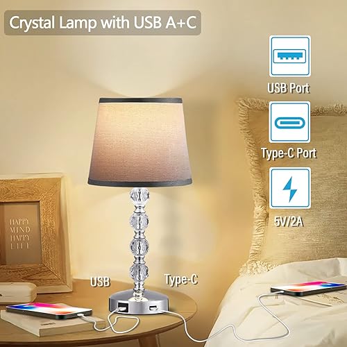 Miniatura 3 de Lámpara de mesa de cristal, con control táctil, con puertos de carga tipo C y USB, lámpara de mesita de noche para dormitorio, sala de estar,