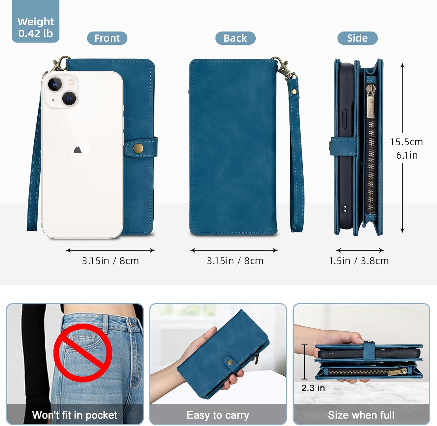 TwoHead Wallet Case Compatible with iPhone 15,Detachable Magnetic Phone Case,All-Round Protective Leather Phone Case with Card Holder,6.1 in,Navy Blue