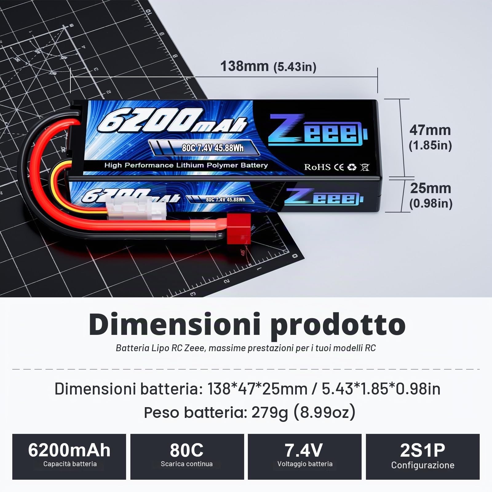 Zeee 2S Lipo 7.4V 80C 6200mAh Batteria RC Hardcase con T Plug (2 pezzi)