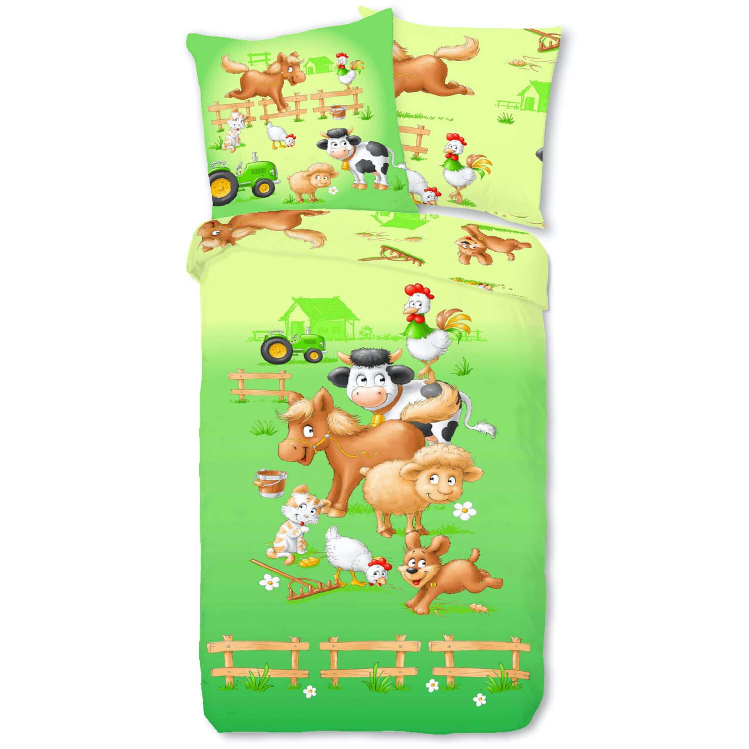 Bettwäsche Sleep and Dream Farm Tiere Pferd Kuh Traktor Huhn Hahn Schaf Katze Bunt Renforcé, Größe:135 cm x 200 cm