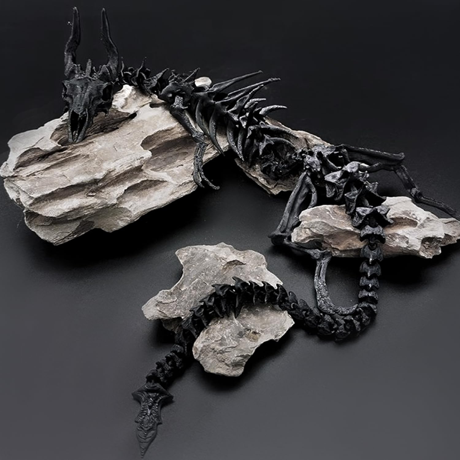 Chestnut-Yx Black 3D Printed Skeleton Dragon Aquarium Decor,23In Articulated Dragon Aquarium Animal Skeletons, Reptile Tank Accessories,Fish Tank Decorations For Amphibians, Betta Fish, Shrimp (Black)